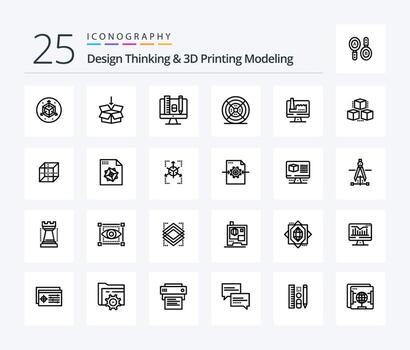 Design Thinking And D Printing Modeling 25 Line icon pack including monitore. computer. education. print. filament vector