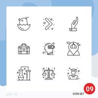 Group of 9 Outlines Signs and Symbols for mental exhaustion hand battery gym Editable Vector Design Elements