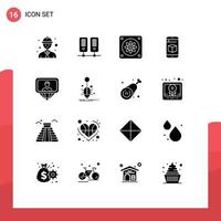 Group of 16 Modern Solid Glyphs Set for insect login mobile id user Editable Vector Design Elements