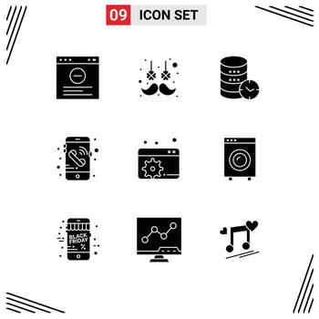 paquete de líneas vectoriales editables de 9 glifos sólidos simples de seo configurar llamada telefónica de seguridad elementos de diseño vectorial editables vector