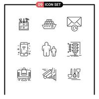 Group of 9 Outlines Signs and Symbols for parental control family message child signals Editable Vector Design Elements