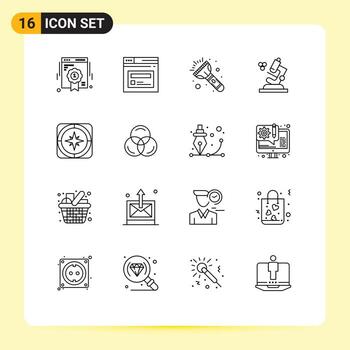 Pack of 16 creative Outlines of navigation compass flash gps microscope Editable Vector Design Elements