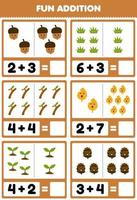 Education game for children fun addition by counting and sum of cute cartoon acorn grass branch leaf pinecone printable nature worksheet vector