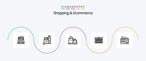 paquete de iconos de la línea 5 de compras y comercio electrónico que incluye crédito. compras. bolso . código. bar