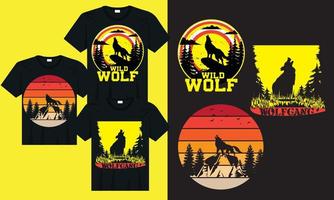 diseño de camiseta retro vintage de lobo salvaje, diseño de camiseta retro de lobo al atardecer, diseño de camiseta retro de lobo en el bosque vector