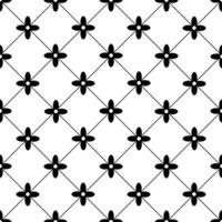 Vector geometric floral pattern. Seamless minimalist texture. Abstract monochrome ornament with small flower shapes, crosses, stars in square grid. Black and white background. Minimal repeat design.