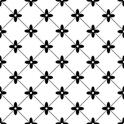 Vector geometric floral pattern. Seamless minimalist texture. Abstract monochrome ornament with small flower shapes, crosses, stars in square grid. Black and white background. Minimal repeat design.