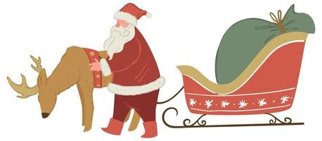 santa claus con ciervos y trineo lleno de regalos vector