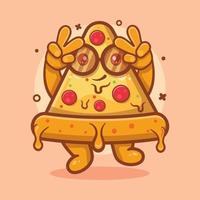 Linda mascota de personaje de pizza con gesto de mano de signo de paz dibujos animados aislados en diseño de estilo plano vector