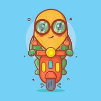 mascota divertida del personaje de maíz con dibujos animados aislados de motocicleta scooter en diseño de estilo plano vector