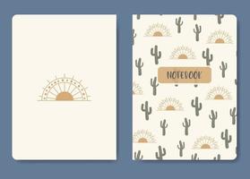 Desert cactus and sun template. Applicable for notebook covers, planners, brochures, books, catalogs etc. Seamless patterns and masks used, easy to re-size, a5 paper vector