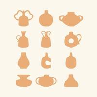 Various ceramic beige vases, different editable shapes. Colored silhouettes. Antique, ancient ceramics. Pottery class. Vector set, trendy illustration