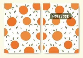 Juicy oranges with green leaves template for notebook cover. Flying pieces of fruits. Seamless patterns, easy to re-size. Vector illustration