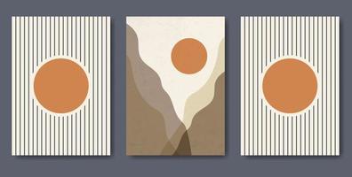 Abstract contemporary landscape posters. Modern boho background set with sun mountains and stripes vector