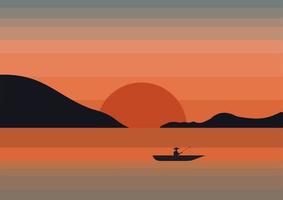 Sea sunset minimalist aesthetic illustration poster. Abstract water and fisher on colorful background. Sea, skyline, wave and mountains vector illustration