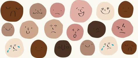 Round abstract Faces with various Emotions. Drawing style. Different colorful characters. Cartoon style. Flat design. Hand drawn trendy Vector illustration. Every face is isolated