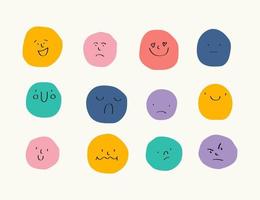 Round abstract Faces with various Emotions. Drawing style. Different colorful characters. Cartoon style. Flat design. Hand drawn trendy Vector illustration. Every face is isolated