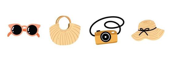 Set of summer holiday stuff. Collection of sun glasses, camera pocket, straw hat and vintage bag vector