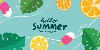 plantilla de diseño de banner de vacaciones de verano con naranja, helado y adorno de hojas tropicales vector