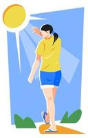 ilustración de una mujer expuesta al sol. deslumbrado fondo azul, sol y hierba. adecuado para el tema del verano, el clima, la naturaleza, la mañana, etc. vector plano