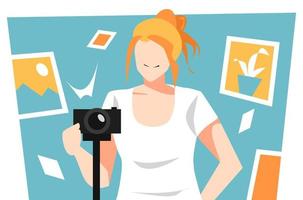 ilustración de una chica hermosa sosteniendo una cámara lista para tomar una foto. equipado con iconos de imagen, iconos de fotos. concepto y tema de profesión, ocupación, hobby, fotógrafo. estilo de vector plano