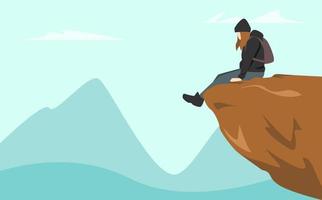 a woman sitting on a cliff. mountains, nature, clouds background. the concept of hiking, camping, hobbies, etc. landscape vector illustration in flat style.