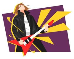 illustration of guitarist playing guitar, bass instrument. musician. rock star. purple and yellow background. themes of hobbies, work, music, bands, etc. flat vector. vector