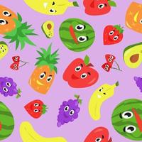 estilo de dibujos animados lindo personaje de muchas frutas con expresión feliz. fondo transparente. manzana, plátano, uva, fresa, etc. ilustración vectorial de estilo plano. vector