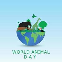 cartel del día mundial de los animales con siluetas verdes de vectores de iconos de animales salvajes