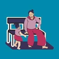 illustration of a mother sitting on a bench looking after her daughter, vector design