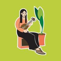 illustration of a woman sits holding a ukulele next to a green plant, vector design