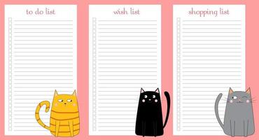 A set of to do lists, wish lists, and shopping lists. Planner template with an illustration of cute cats. Vector illustration