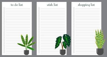 A set of to do lists, wish lists, and shopping lists. Planner template with an illustration of houseplants. Vector illustration