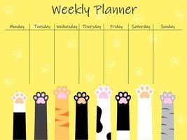 Cute weekly to do list template with an illustration of cat paws. Weekly planner organizer. Trendy self organization concept with graphic design elements. Vector illustration