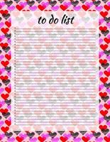 Cute letter format to do list template with captions and decorative print in hearts. Organizer with ruled page and flags. Trendy self organization concept with graphic design elements vector