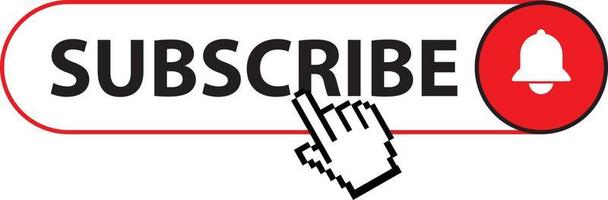 Subscribe, bell button and hand cursor. Red button subscribe to channel, blog. Social media background. Marketing. Vector illustration. EPS 10