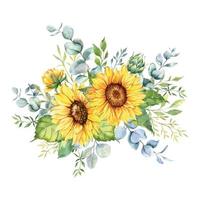 ramo de girasoles acuarela, ramos de girasol pintados a mano, arreglo floral de girasol. elementos de imágenes prediseñadas de invitación de boda. acuarela floral. dibujo botánico. Fondo blanco vector