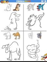 drawing and coloring worksheet with funny animals vector