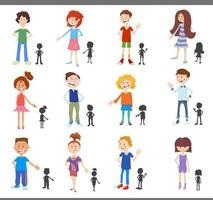 cartoon kids and teens with silhouettes set vector