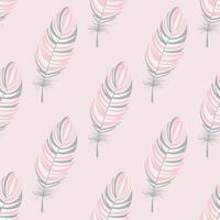 Pink, gray, white bird feathers on a soft pink background. Vector, seamless pattern. Boho style. For decorating wallpaper, fabric, wrapping paper. vector
