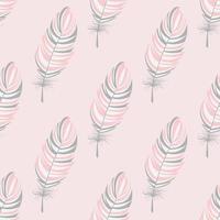 Pink, gray, white bird feathers on a soft pink background. Vector, seamless pattern. Boho style. For decorating wallpaper, fabric, wrapping paper. vector