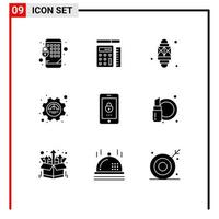 Group of 9 Solid Glyphs Signs and Symbols for lock productivity light performance efficiency Editable Vector Design Elements