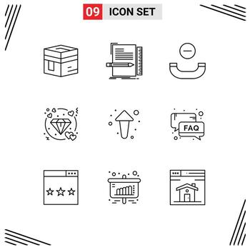 paquete de línea de vector editable de 9 contornos simples de flecha amor programación corazón colgar elementos de diseño de vector editable