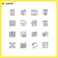 Group of 16 Outlines Signs and Symbols for printing machine notification printing letter Editable Vector Design Elements