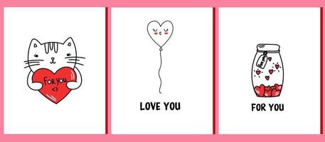 Valentine's day greeting postcard set. Set of 3 cards for valentine's day. 14 February vector illustration