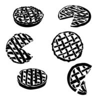 Set of silhouettes of pies with wicker stacking of dough, sweet and salty pastries with filling for design vector