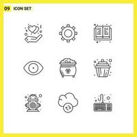 Group of 9 Modern Outlines Set for pot coin knowledge clover human Editable Vector Design Elements