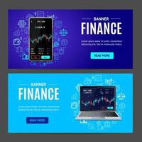 conjunto horizontal de banner de concepto de finanzas con teléfono móvil y computadora portátil 3d realistas y detallados. vector