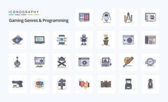 25 géneros de juegos y paquete de iconos de estilo lleno de línea de programación vector