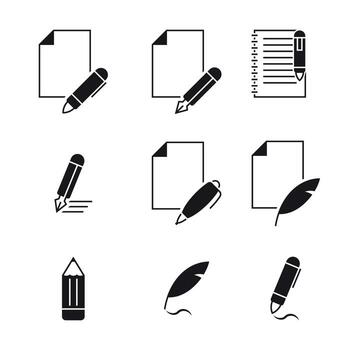 Writing icons set, black on a white background vector